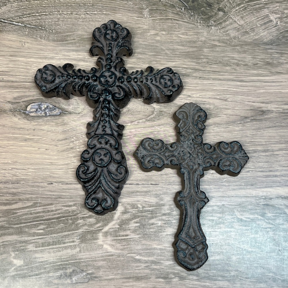 Cast Iron Wall Cross Ornate Fleur De Lis Scrollwork Rustic Church Heavy Set of 2
